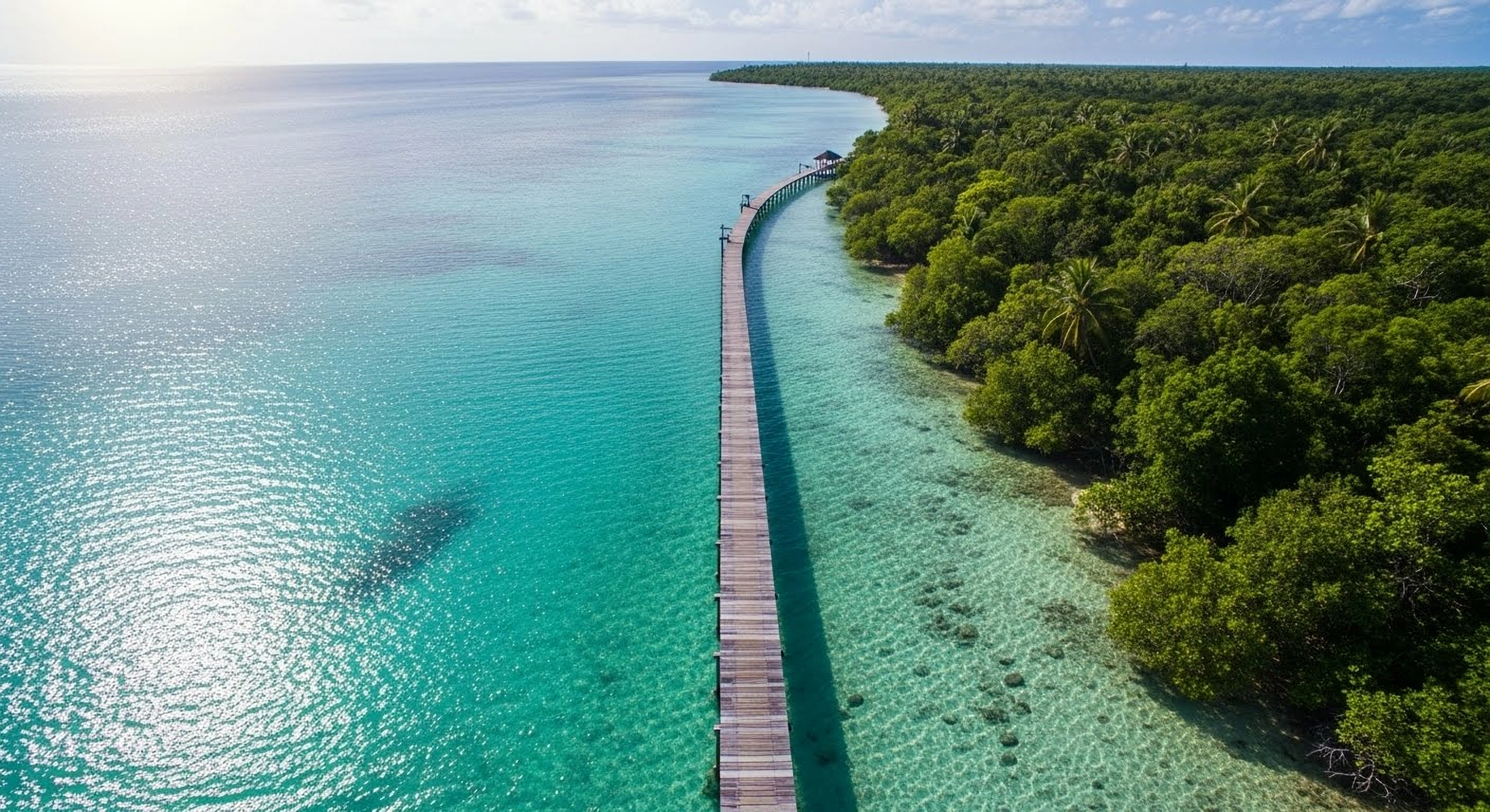Drone shot of a wooden boardwalk leading to a tropical turquoise ocean, lush jungle, travel photography.
