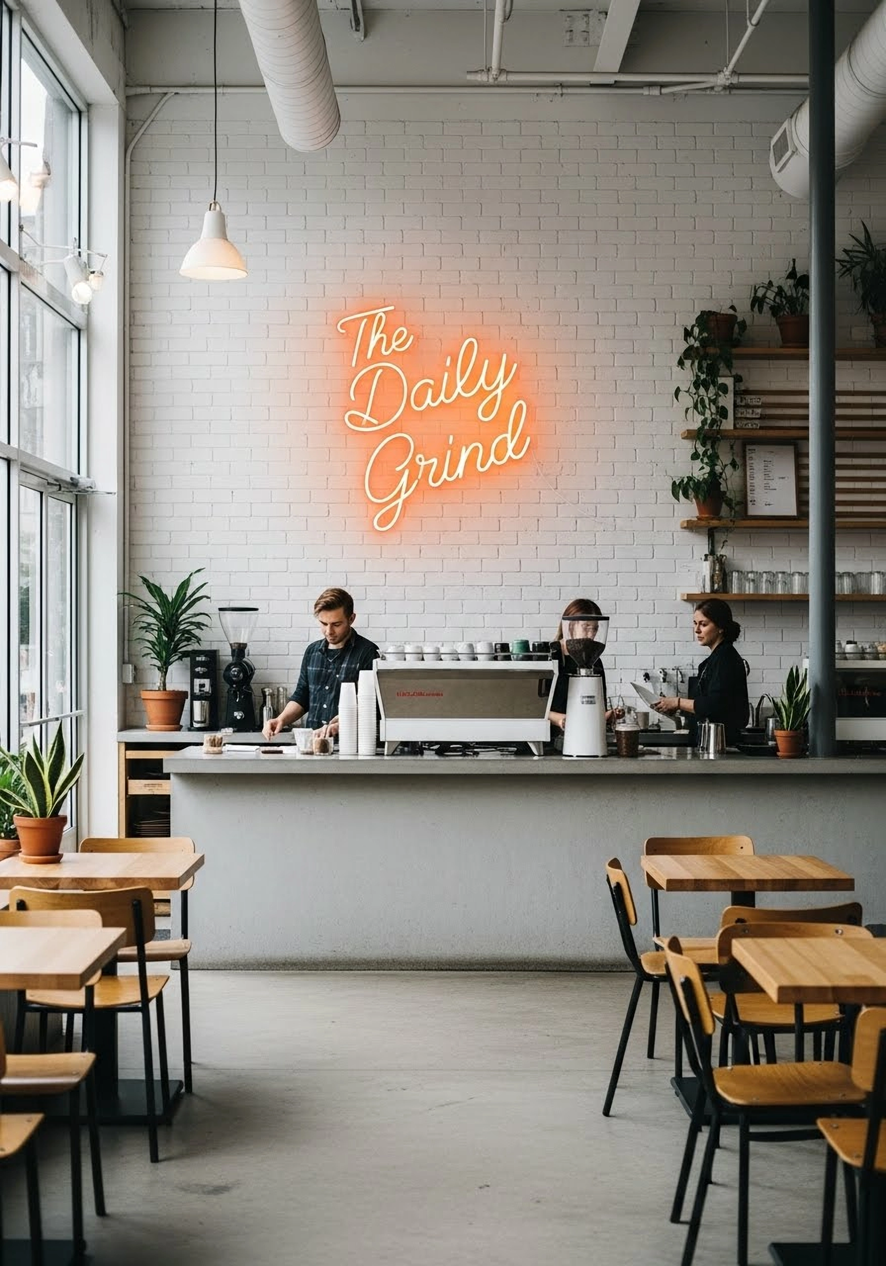 A photograph of a trendy, minimalist coffee shop. On the clean, white brick wall in the background, a neon sign is perfectly mounted. The sign glows with a warm orange light and clearly says "The Daily Grind" in a stylish cursive font.