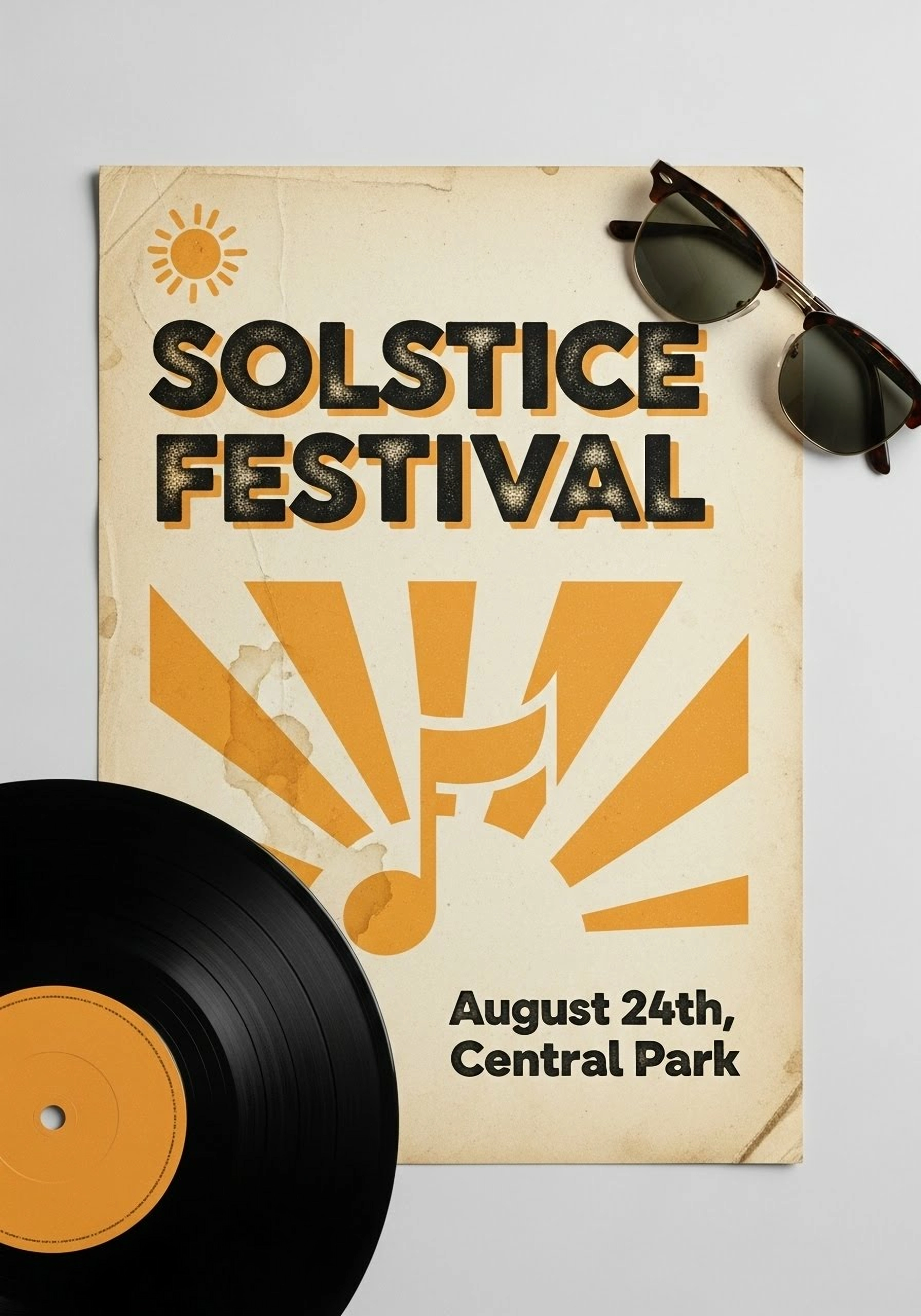 A flat-lay photograph of a concert poster for an indie music festival. The poster has a vintage, textured paper background. In bold, retro typography, the poster reads "SOLSTICE FESTIVAL" at the top, and below it, smaller text says "August 24th, Central Park". The poster is surrounded by a vinyl record and a pair of sunglasses.