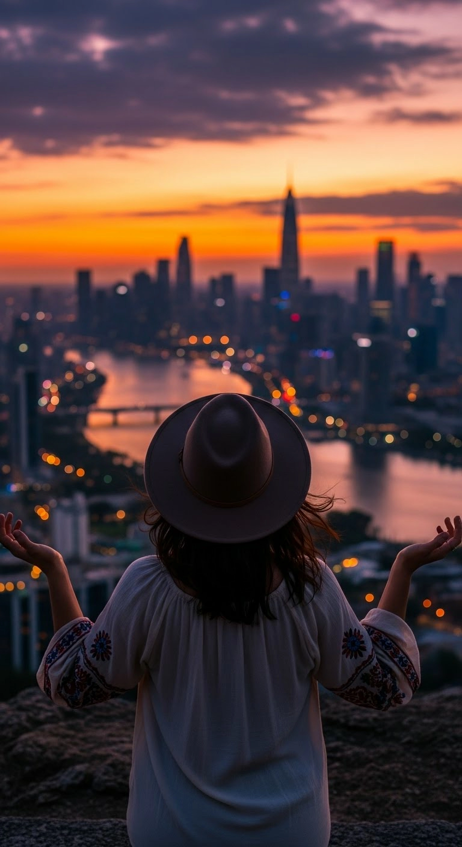 A candid photograph of a stylish woman taken from behind, looking out over a city skyline at sunset.