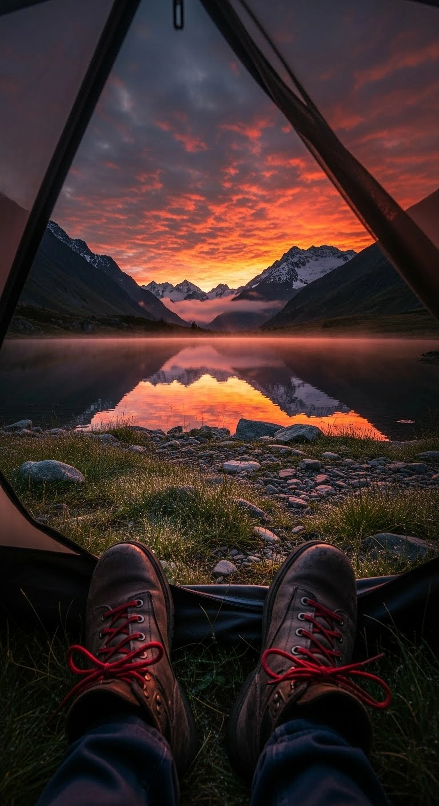 Photorealistic shot from the perspective of looking out of an open tent flap in the mountains. A pair of worn leather hiking boots are on the ground. Through the tent opening, a serene alpine lake is visible, perfectly reflecting a dramatic, fiery sunrise over snow-capped peaks.