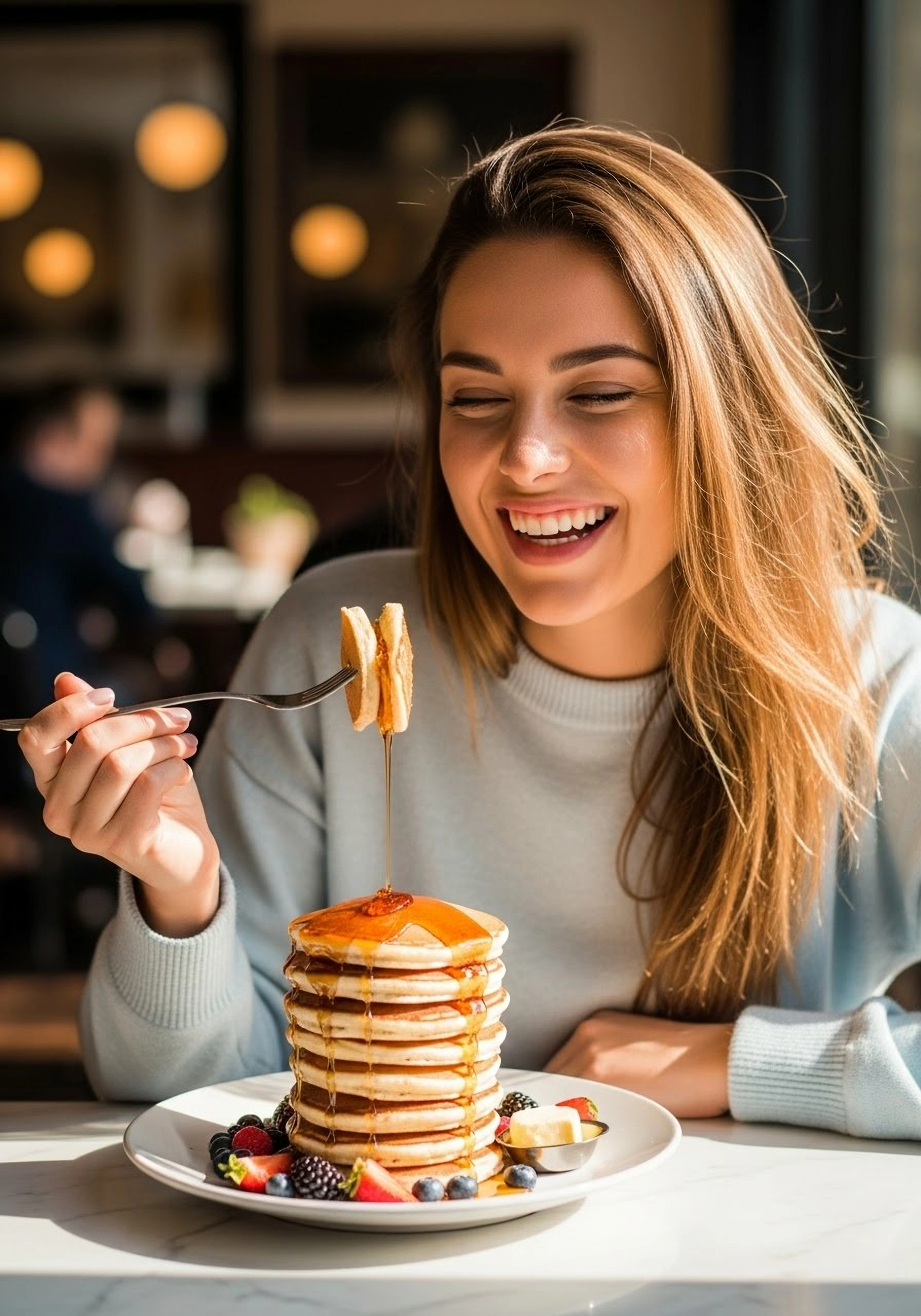 Action shot of a laughing woman in her mid 20s with warm, honey-blonde hair, sitting at a sun-drenched cafe table. She is holding a forkful of pancake close to her mouth. In front of her is a stack of fluffy buttermilk pancakes, with maple syrup dramatically dripping down the sides. The background is a softly blurred, cozy cafe interior.