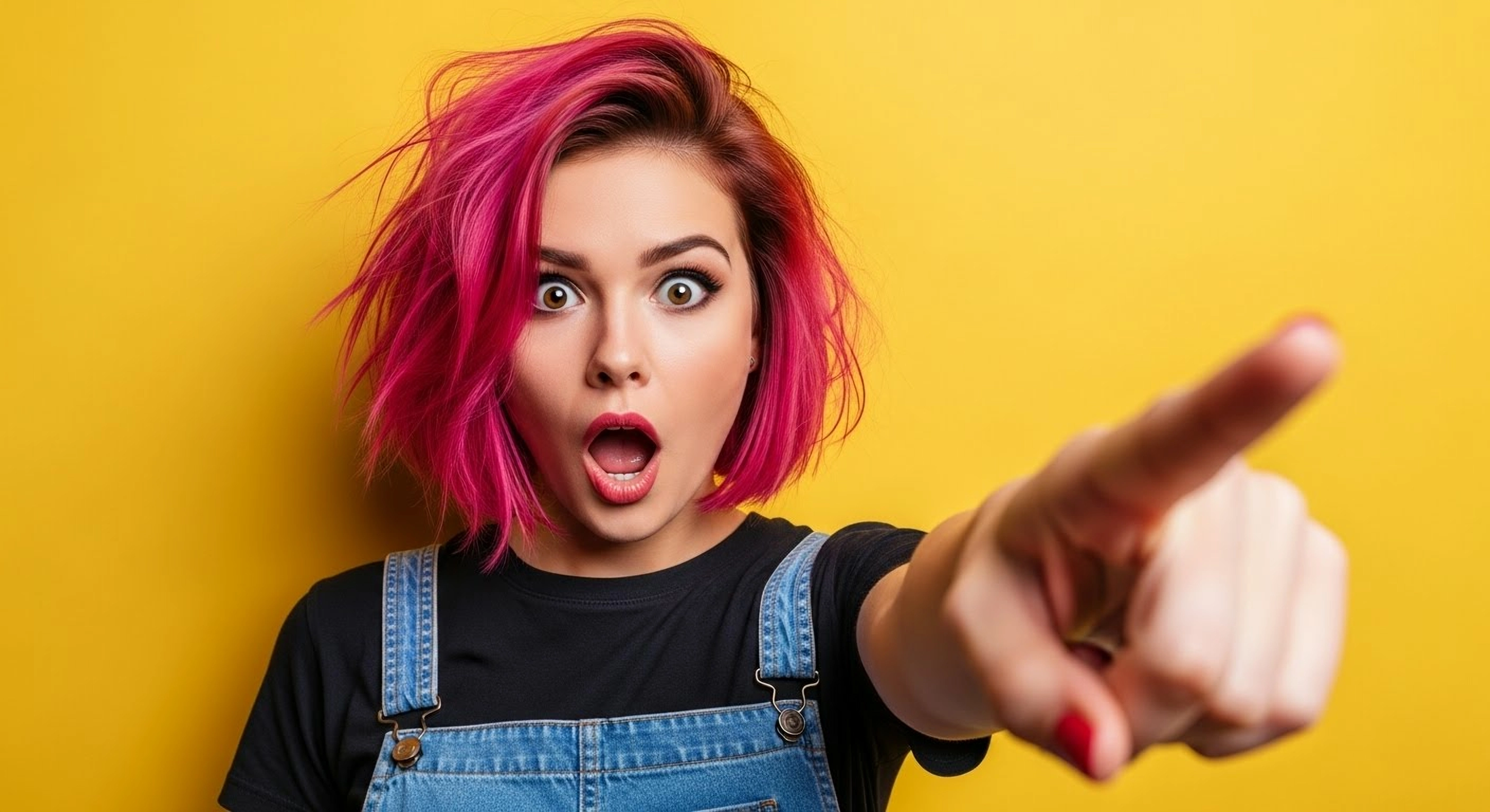 A high-energy, wide-angle photograph of a young woman with a vibrant pink hairstyle. Her mouth is open in an exaggerated, shocked expression, and her eyes are wide. She is pointing directly at the camera. The background is a clean, bright yellow wall. Pop art style, dramatic lighting.