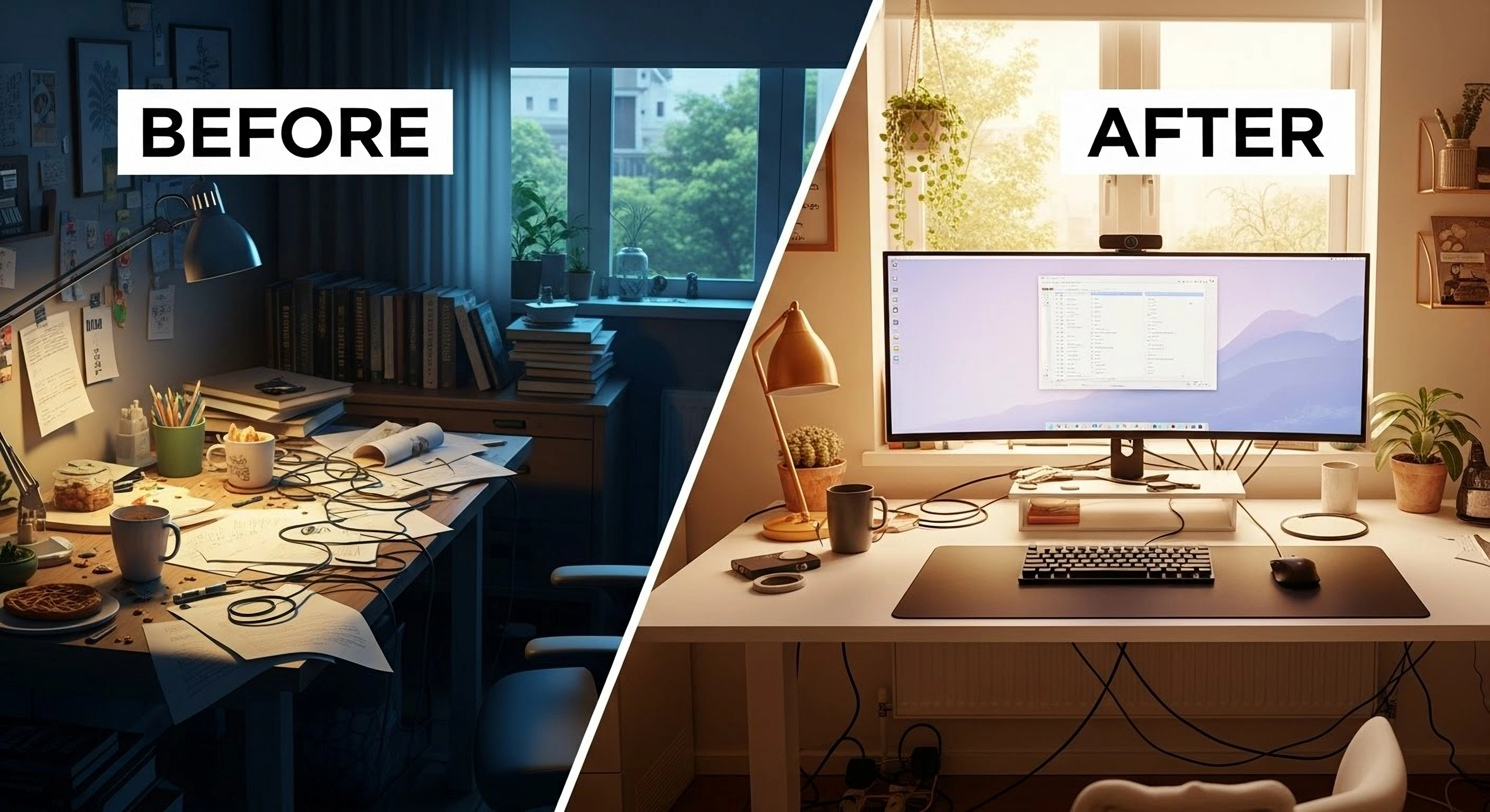 A split-screen YouTube thumbnail. On the left side, labeled "BEFORE", a messy, cluttered home office. On the right side, labeled "AFTER", the same office is now perfectly clean, minimalist, and organized with a sleek computer setup. The text is bold and easy to read. High resolution, vibrant colors.