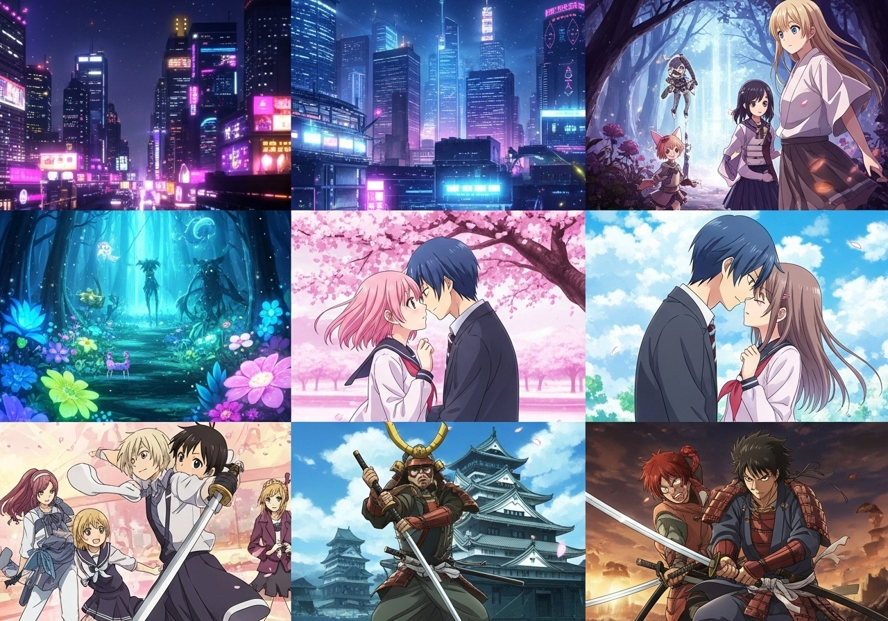 AI generated examples of diverse anime scenes and character concepts