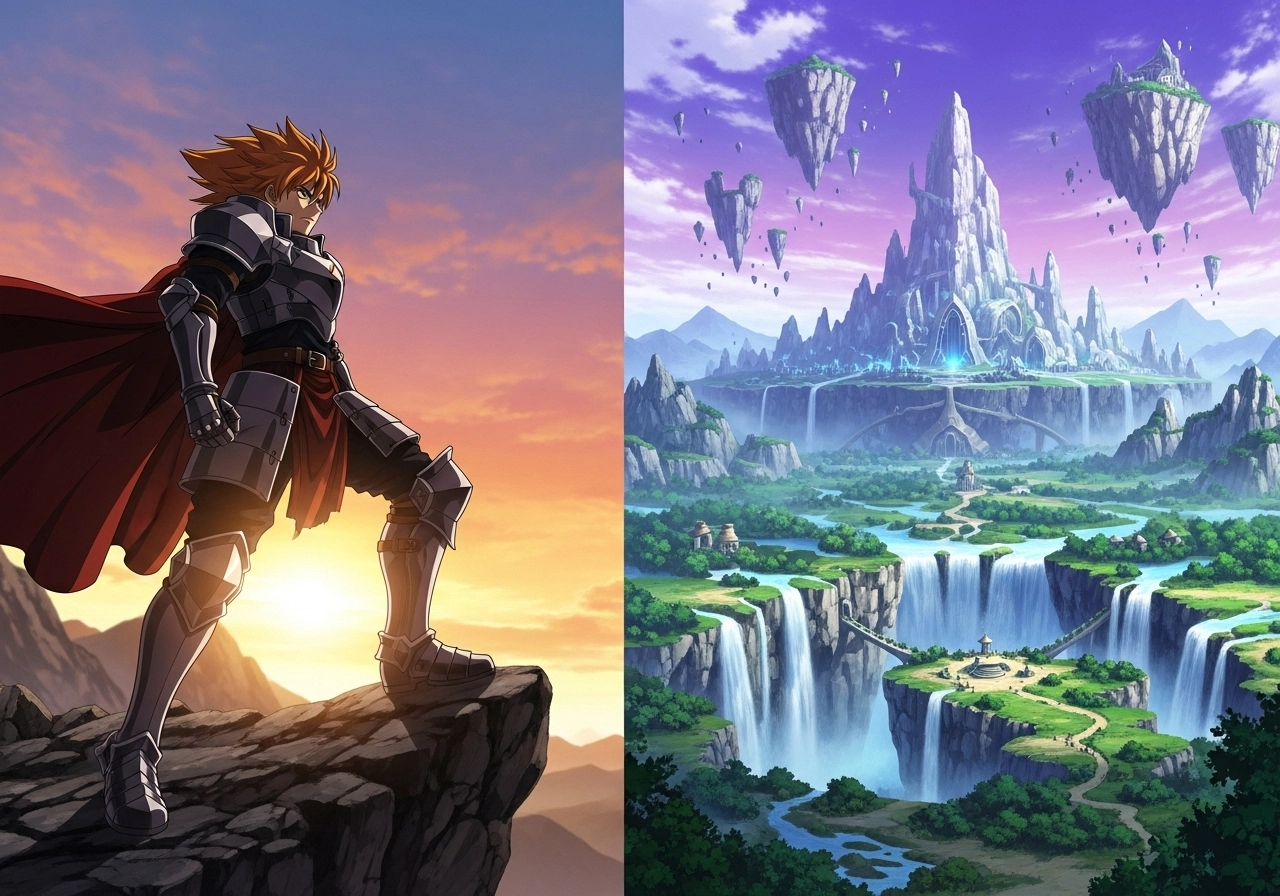 AI anime shots: one a low angle shot of a hero, another a wide landscape