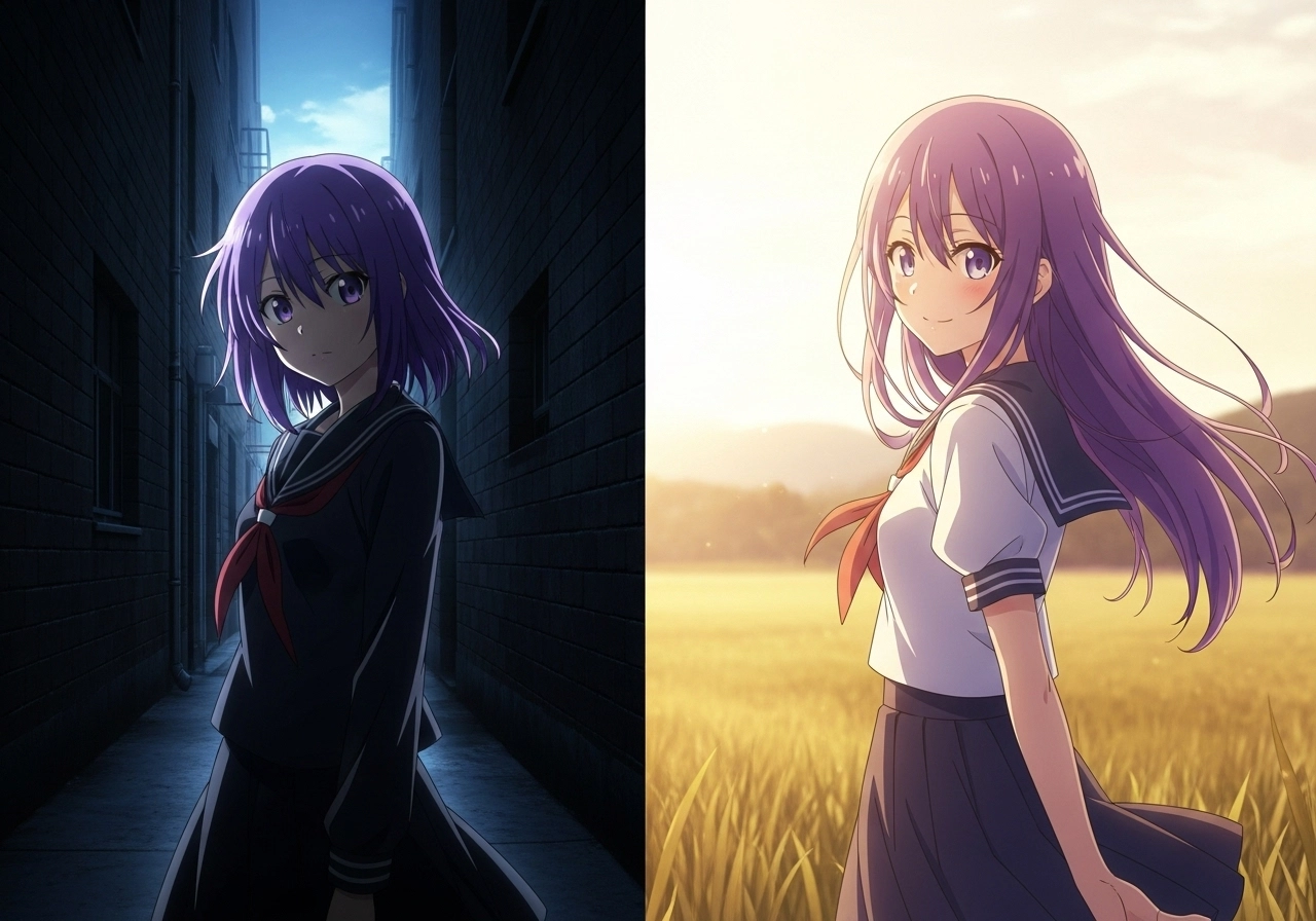 AI generated anime scenes showcasing different lighting: one dramatic, one soft and dreamy
