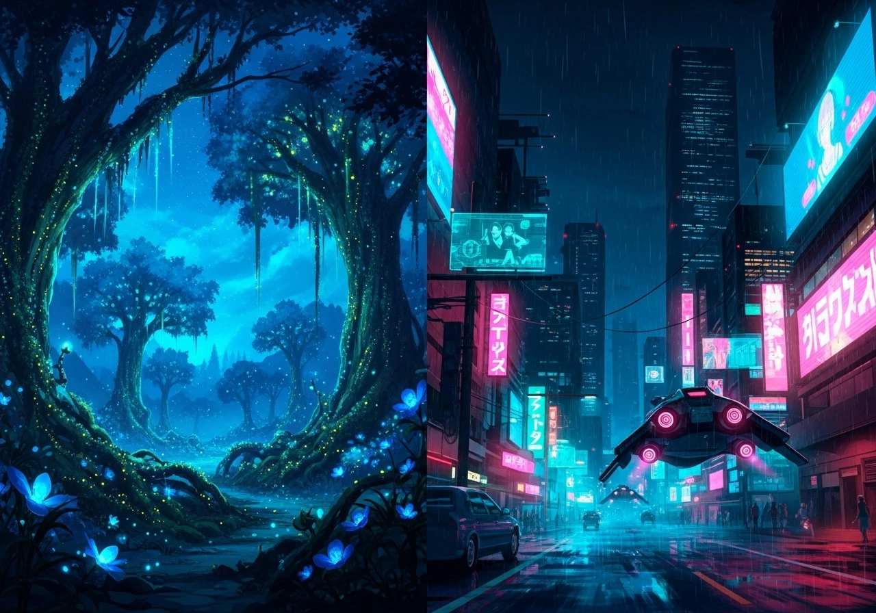 AI generated anime scenes: one of a mystical forest, another of a cyberpunk city
