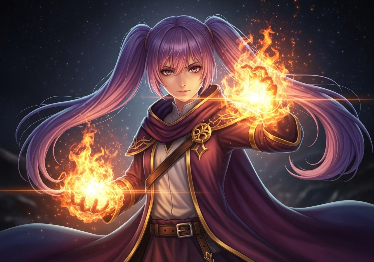 AI generated anime character wielding fire magic with glowing effects