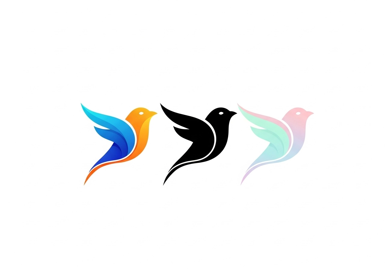 AI generated logo of a stylized bird shown in three different color palettes: vibrant, monochrome, pastel