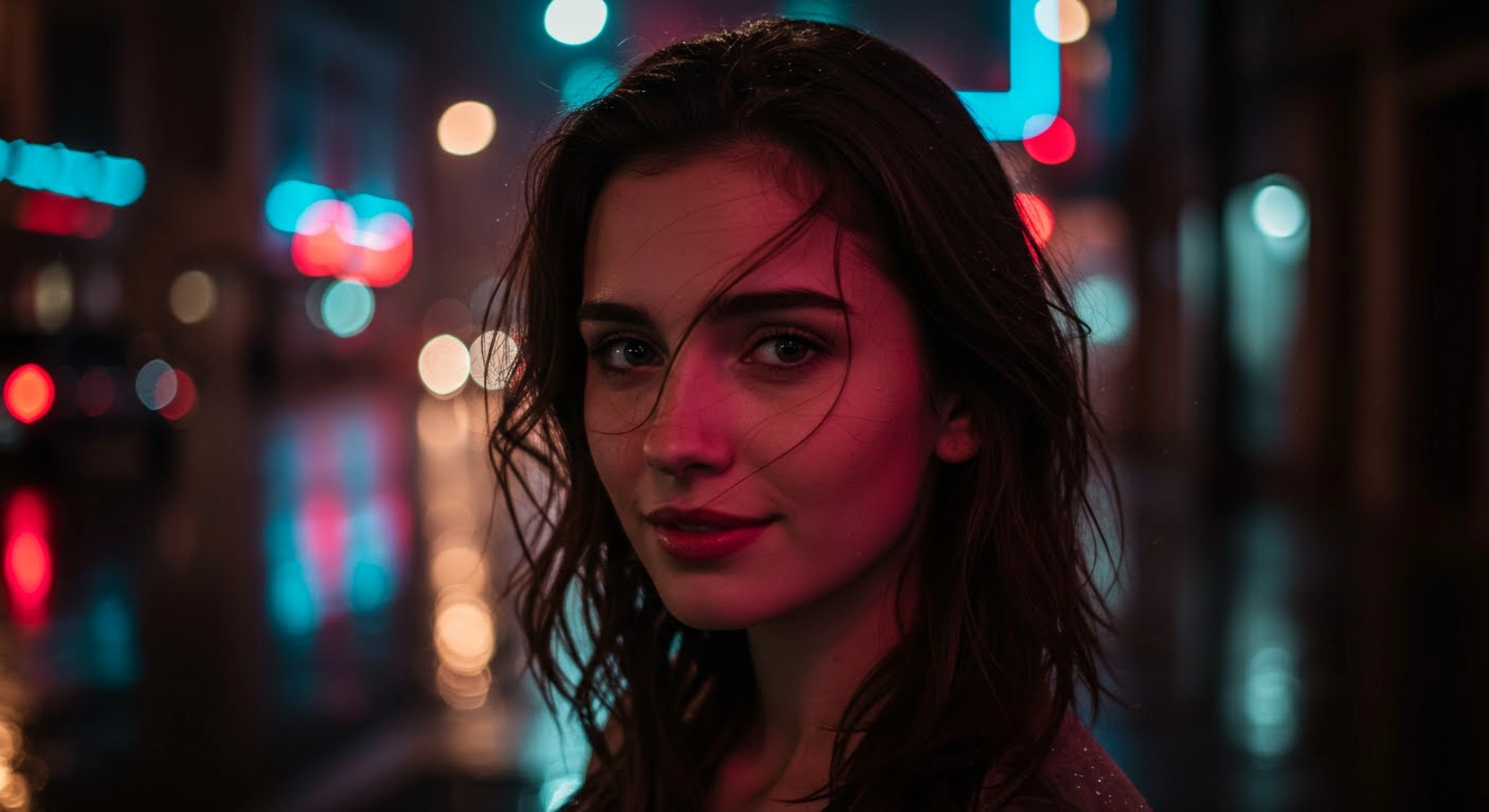 Photorealistic portrait of an attractive woman in a neon-lit, rainy city